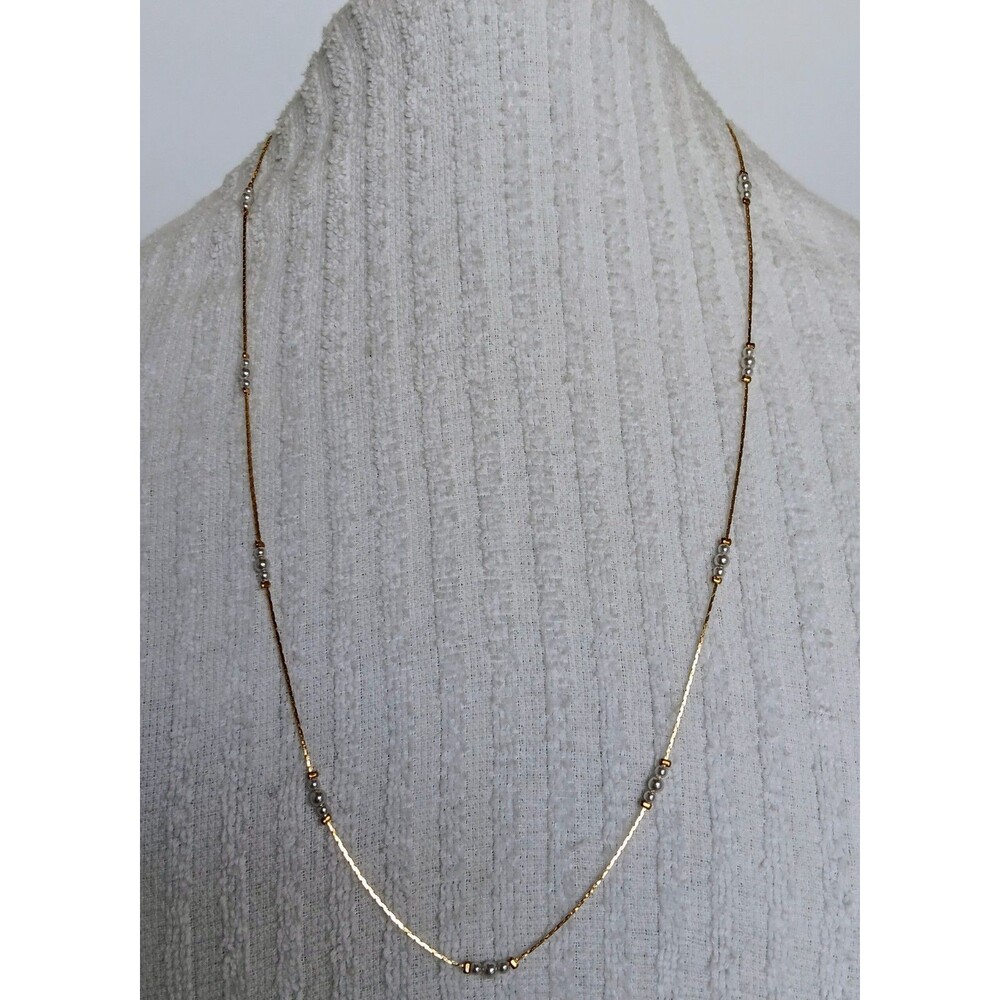 Vintage Signed Korea Gold Tone & Faux Pearls Station Dainty Necklace 29 in